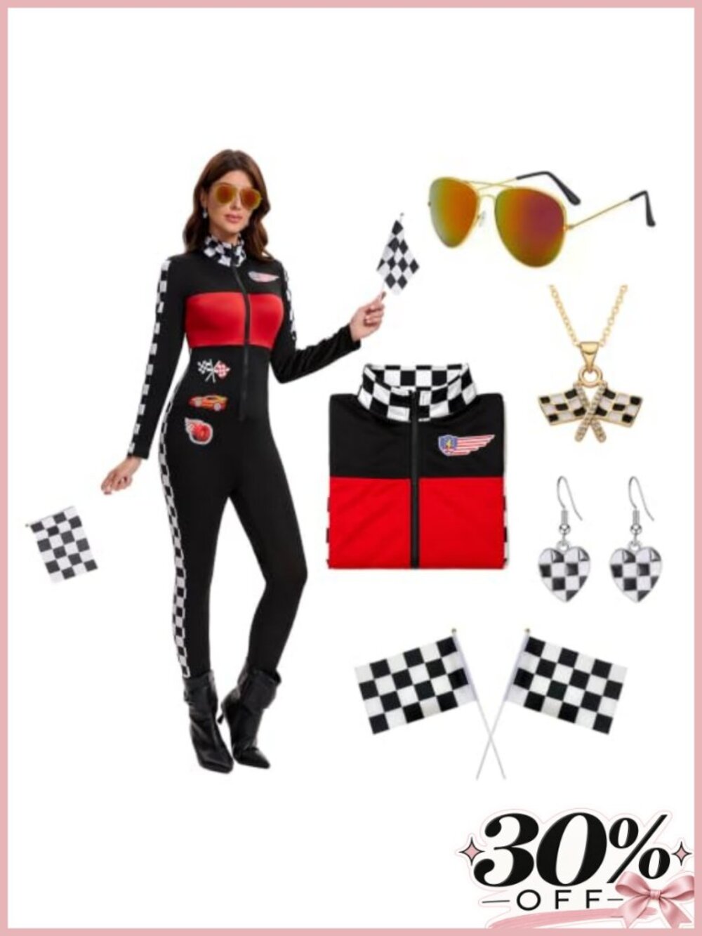 Women's Race Car Driver Costume Jumpsuit 7 Piece Set Halloween Cosplay
